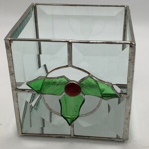 Stained Glass Candle Holder  with Holly Design